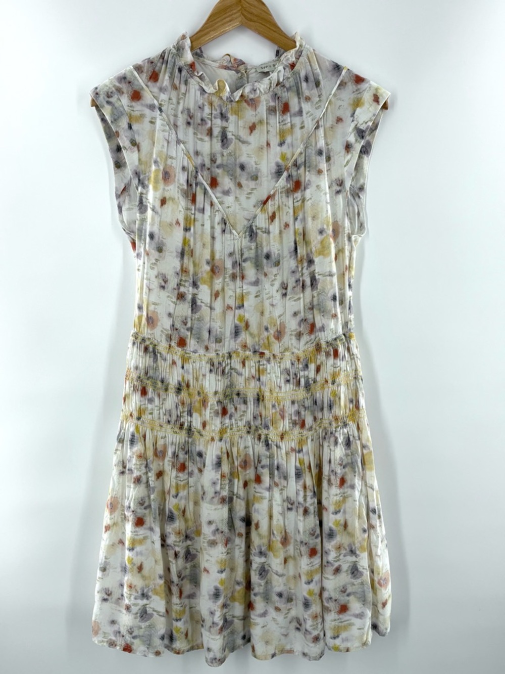 See U Soon Midi Dress Watercolor Floral Ruffle Neck Pleated Prairie Size M